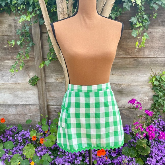 Vintage Half/Skirt Apron Green & White Gingham Check with Ric Rac Trim + Pocket - Picture 2 of 7